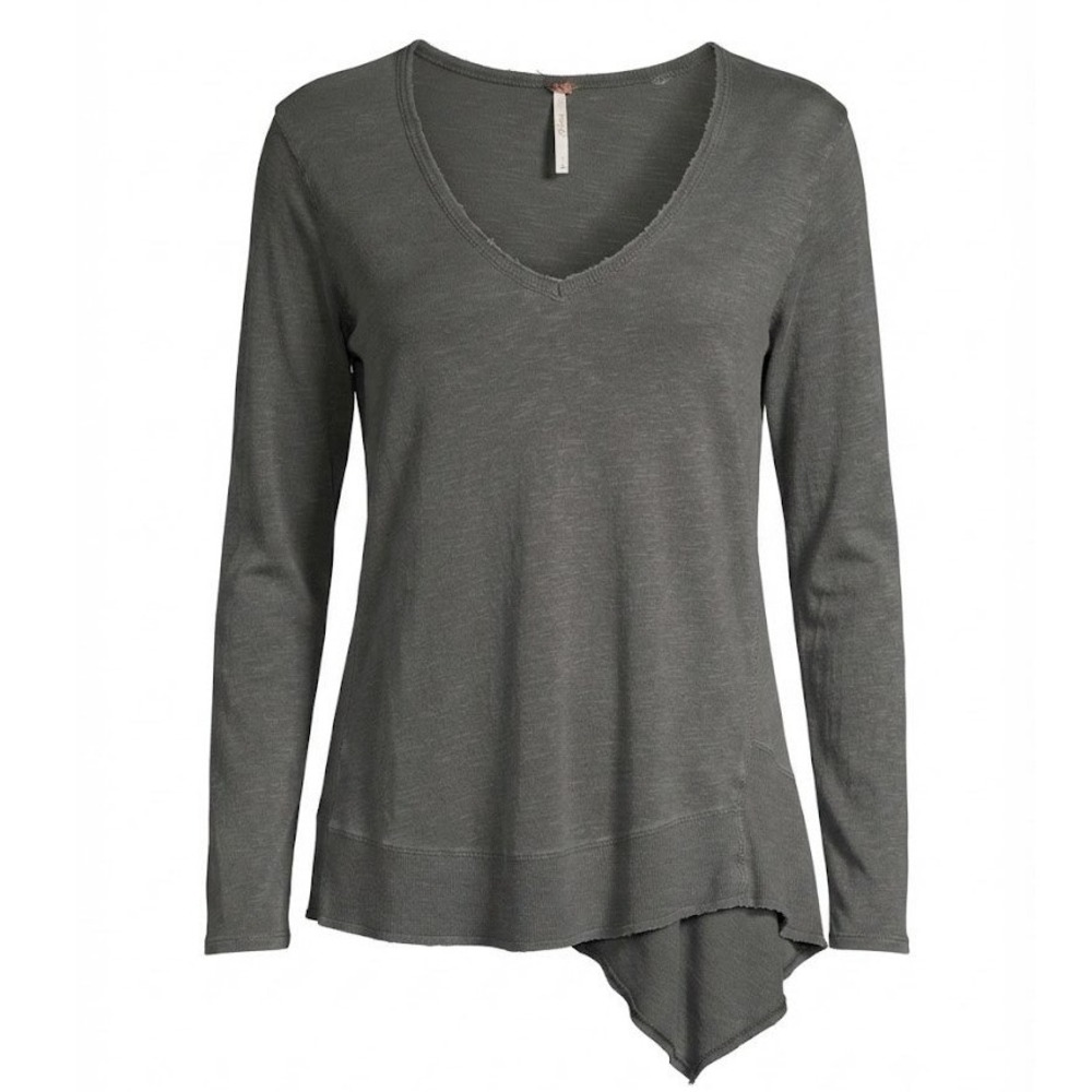 Free People Charcoal Gray Asymmetrical Hem V-Neck Long Sleeve Tee Large - IW
